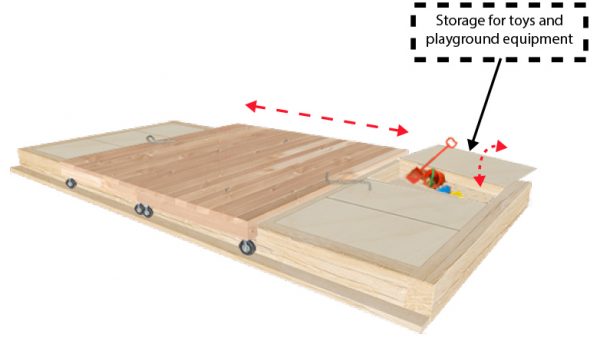 Large sandpit with lid closed with storage